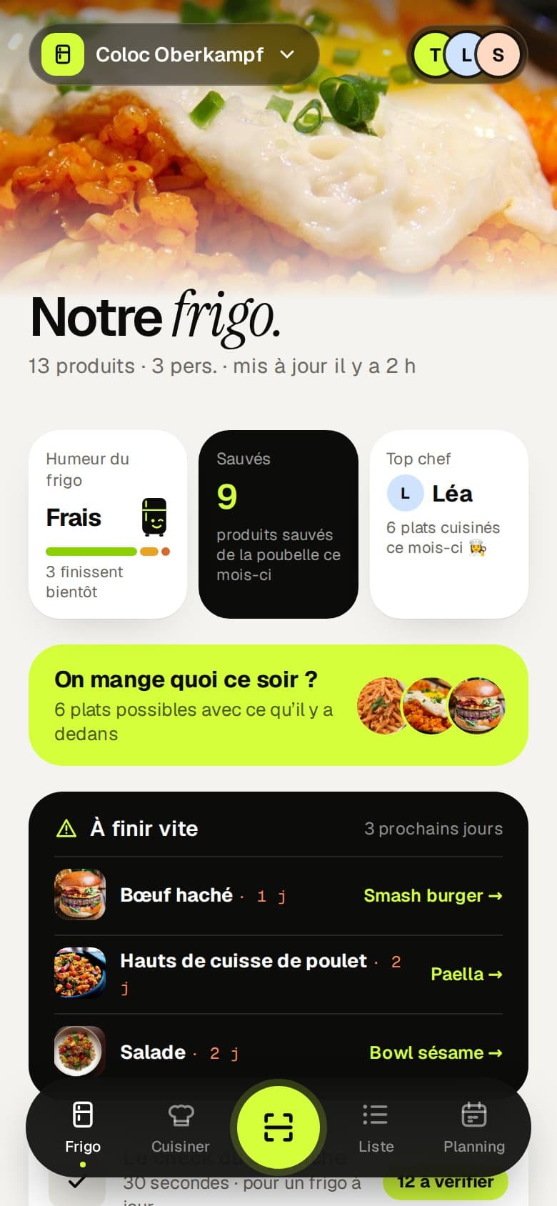 Écran frigo de l'app Freddy